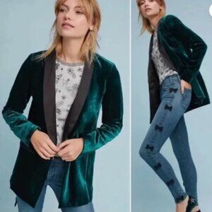 Anthropologie Cartonnier Emerald Green Velvet One Button Tuxedo Blazer Jacket 2